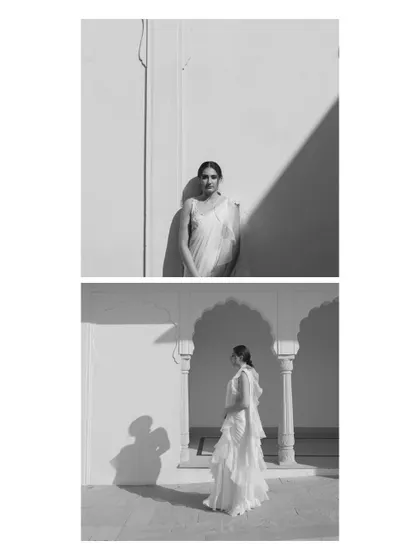 A creative black and white diptych of Sandy, playing with strong diagonal shadows and architectural frames for an editorial effect.