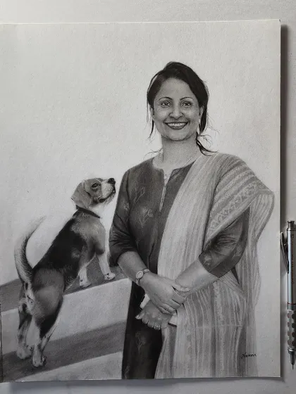 The final, unframed drawing of the woman and her beagle.