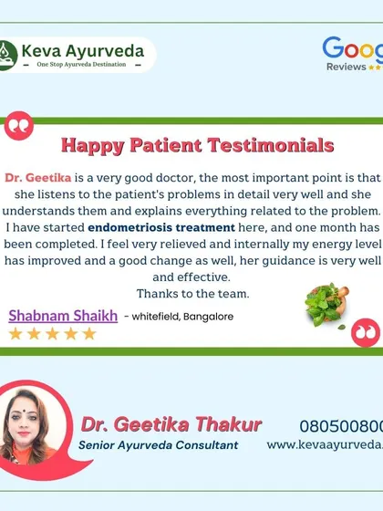 Shabnam Shaikh, who is undergoing endometriosis treatment with Dr. Geetika, shares her positive experience. She highlights the doctor's ability to listen, understand, and explain the problem well, resulting in improved energy levels and relief within one month.