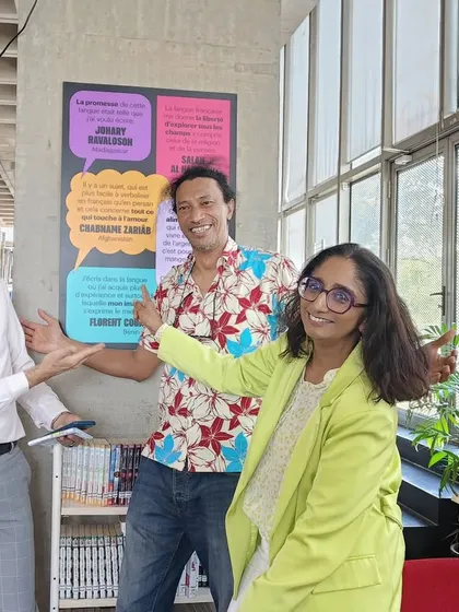 Author Johary Ravaloson poses with our directors at the "Écrire en français" exhibition. We are proud to host and feature authors from around the world who write in French.