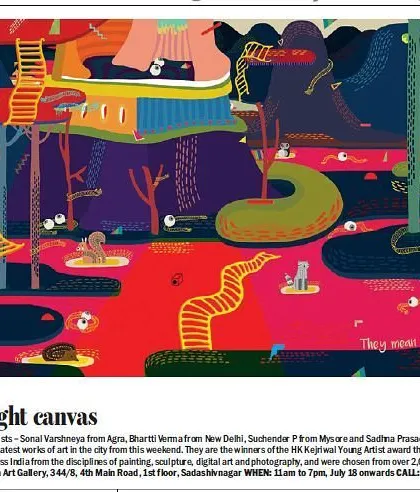 A feature in Bangalore Mirror on "The right canvas," showcasing four winners of the HK Kejriwal Young Artist Award. We work to secure press for our emerging artists to help launch their careers.