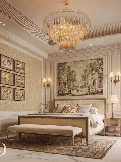 A classical and detail-rich bedroom, with a mix of opulent textiles and intricate patterns. The wall behind the bed features a beautiful tapestry, and the side tables are adorned with bird prints, contributing to a cozy and elegant atmosphere.