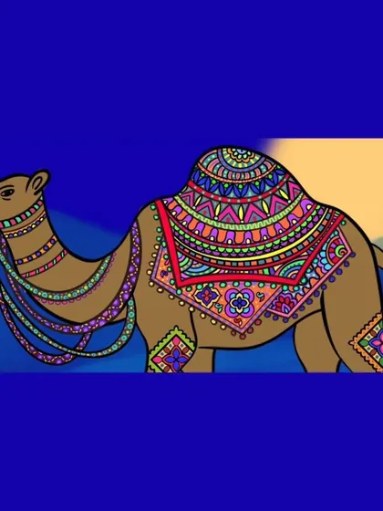 A slightly different composition of the decorated camel, highlighting its journey under a glowing sun.