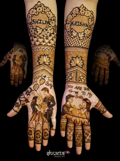 This engagement mehendi tells the story of a "short girl and tall boy". I love creating these fun, cartoon-style portraits that capture the unique details of a couple's relationship.