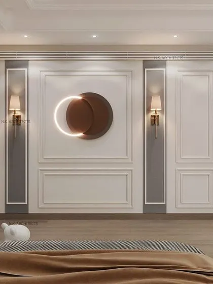 Unveiling the symphony of luxury in every detail. This bedroom uses soft curves in the headboard and wardrobe, along with a beautiful nature-themed wallpaper, to create a space that is both elegant and serene.
