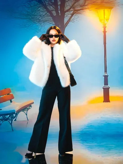 A simple park scene is transformed into a high-fashion set. This image shows how even common settings, when projected and lit correctly, can serve as a powerful backdrop for a striking fashion statement.
