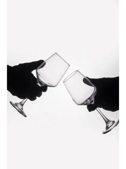 Two gloved hands in silhouette, making a "cheers" gesture with the wine glasses. This shot tells a story of celebration and sophistication, going beyond a simple product display.