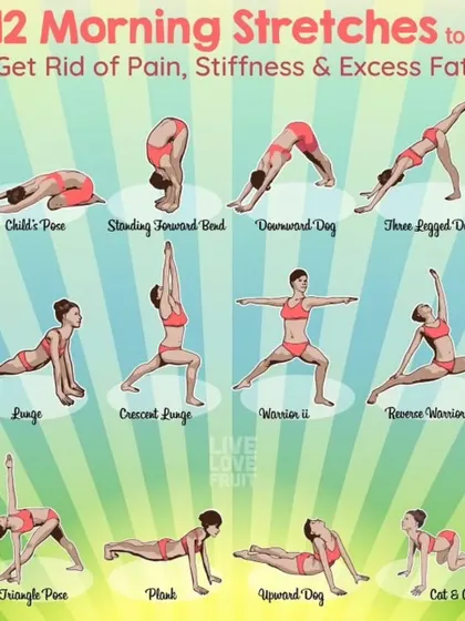 A visual guide to 12 morning stretches to get rid of pain, stiffness, and excess fat. This comprehensive chart includes everything from Child's Pose to Warrior II.