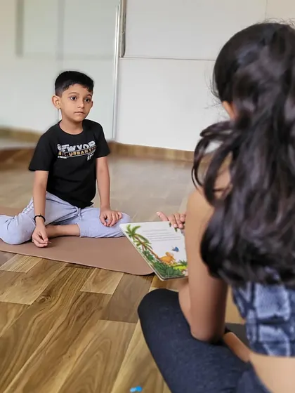 Story time is an integral part of my yoga classes for younger children. It captures their imagination and allows us to weave yoga poses into a fun narrative.