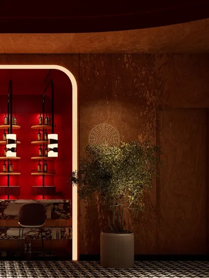 This render highlights the custom lighting and arched niche for the bar display, adding depth and focus within the Koko suite.