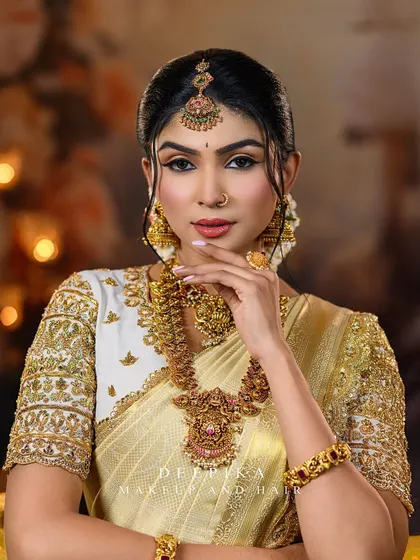 A striking close-up of the model, her makeup and our custom blouse creating a powerful and beautiful bridal portrait.