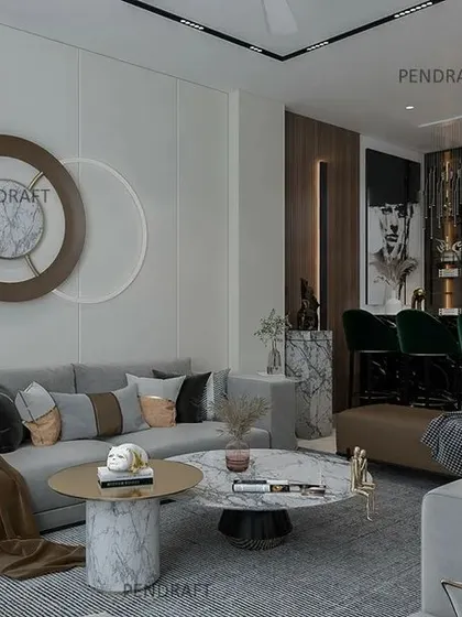 We designed this luxurious bar as a centerpiece of the living room. It features a marble-clad counter, sophisticated backlighting, and plush bar stools for a high-end entertainment experience.