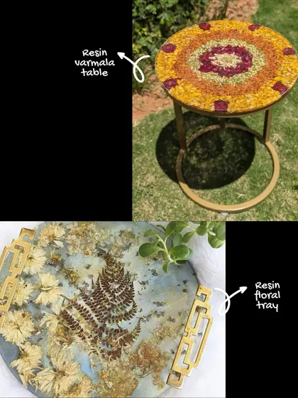 A showcase of functional memory preservation, featuring a side table made from a preserved varmala and a floral tray with preserved chrysanthemums and ferns.