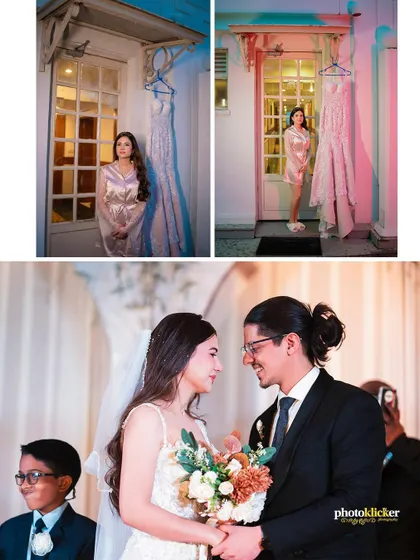 A narrative collage showing the bride getting ready, her dress, and the emotional exchange of vows with the groom.
