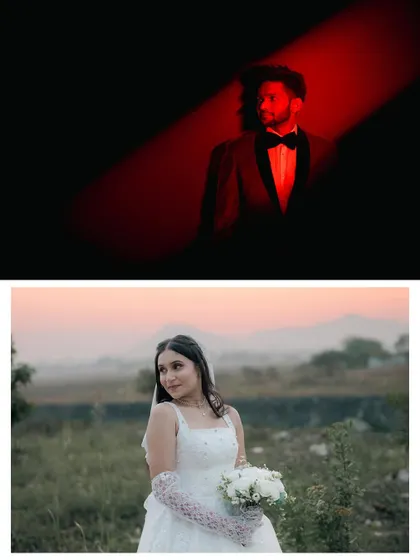 A diptych of the bride and groom in individual portraits, one soft and romantic at sunset, the other dramatic with red lighting. We showcase our range of styles.