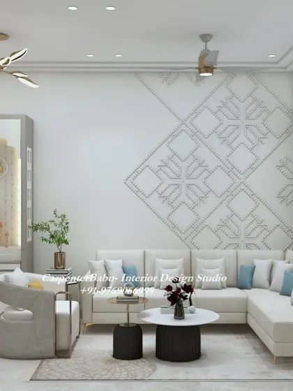 This living room combines a comfortable L-shaped sofa with a modern puja mandir. The wall behind the sofa has a subtle geometric pattern, adding texture to the serene space.