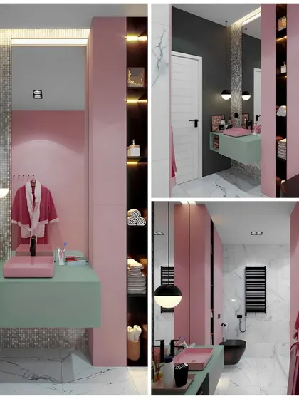 A collage of a chic and modern bathroom with a pink and mint green color scheme. The design includes a mosaic tile accent wall and floating vanity.