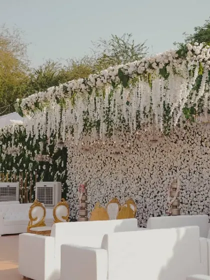 An all-white carnation decor theme creates a look of pure elegance and serenity. This outdoor setup features a stunning floral wall and a canopy of hanging wisteria, proving that a monochrome palette can be incredibly impactful.