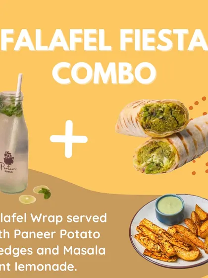 Discover the perfect balance of taste and nutrition with our meal combos, like this Falafel Fiesta Combo. It includes a Falafel Wrap, Paneer Potato Wedges, and a Masala Mint Lemonade.