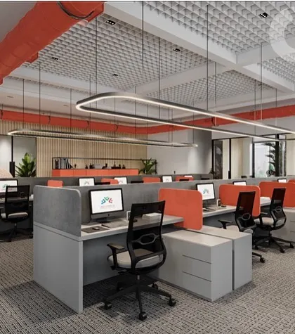 This open-plan office for All Services Global was designed to encourage collaboration. The workstations are arranged for easy communication, with pops of coral on the partitions and exposed ducting to add an industrial-chic vibe.