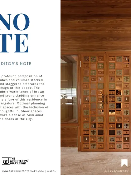 An editorial feature of the Cube House, highlighting its main entrance. The custom wooden door with bell details and the composition of stacked volumes showcase our attention to detail and form.
