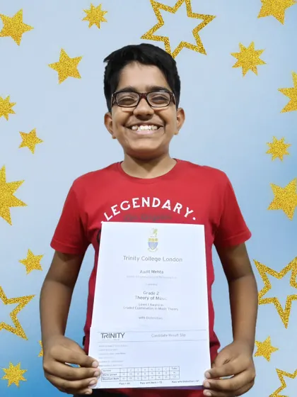 Celebrating Aadit's fantastic achievement. He secured a distinction in his Grade 2 'Theory of Music' exam from Trinity College London.