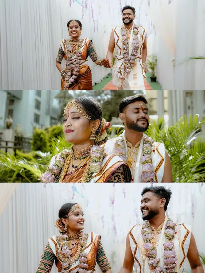 A collage of the couple walking hand in hand, sharing smiles and laughter during their wedding day.
