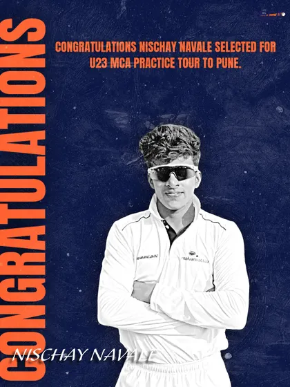 Congratulations to Nischay Navale for his selection for the U-23 MCA practice tour to Pune. This is a fantastic opportunity for him to showcase his talent at a higher level.