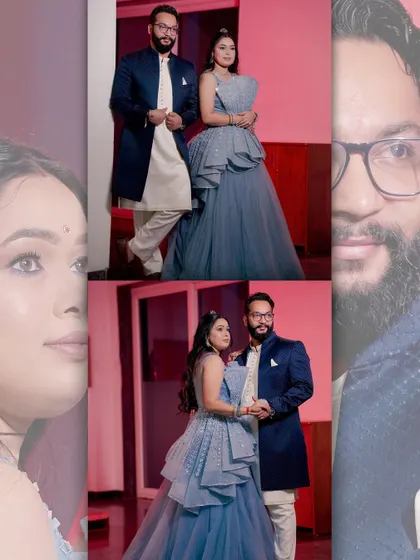 A series of portraits of a couple in blue-themed outfits, capturing their engagement on a staircase and in posed shots.