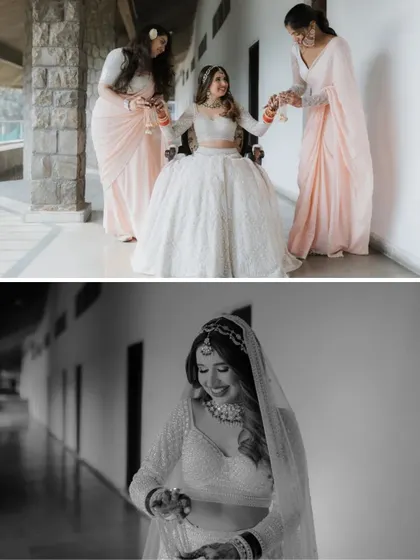 A collage of the bride getting help from her bridesmaids and a beautiful black and white portrait, capturing both the community and solitude of getting ready.
