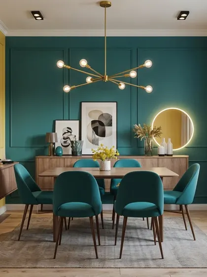 Another take on the teal and yellow dining room, this time with a bold teal accent wall and modern art. It shows how color can refresh a space.
