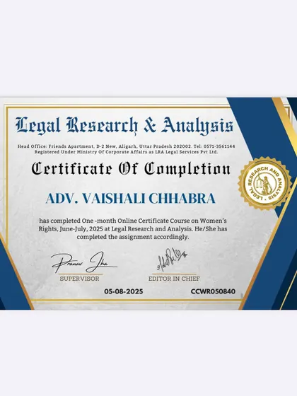 I believe in constantly updating my knowledge, especially in areas I am passionate about. I recently completed this online certificate course on Women's Rights, which has further deepened my understanding of the legal frameworks that protect and empower women.