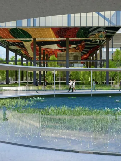 At the Amara Raja net positive campus, we designed spaces that seamlessly integrate nature with cutting edge science. A covered walkway curves around a naturalistic water body, providing a space for researchers to connect and reflect, fostering a culture of innovation.