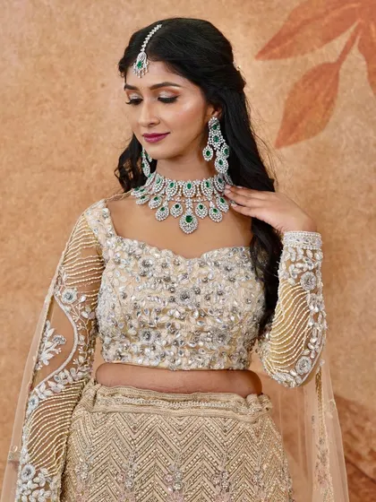 A full shot of the model, looking absolutely stunning in her reception attire and perfectly matched jewellery.