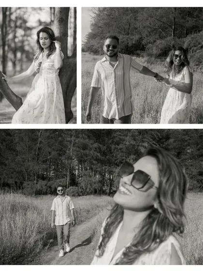 A black and white collage from their walk in the woods. It captures a mix of posed and candid moments, all with a timeless, classic feel.