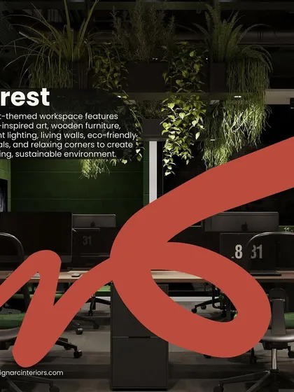 This concept for a forest-themed workspace features wooden furniture, living walls, and ambient lighting to create a calming, sustainable, and relaxing environment.