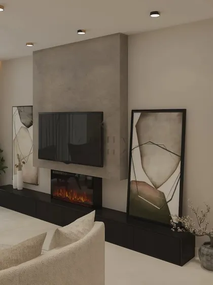 A modern fireplace is integrated into a sleek black TV unit, set against a concrete-textured wall for a contemporary, minimalist feel.