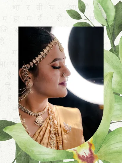 A serene bridal portrait with a creative floral border. The bride's closed eyes and calm expression create a moment of peaceful anticipation.