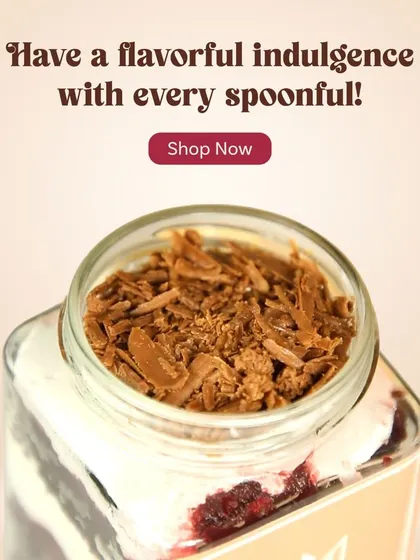 The final touch on my Black Forest Jar is a topping of delicate chocolate shavings. It’s a flavourful indulgence, ready to be enjoyed.