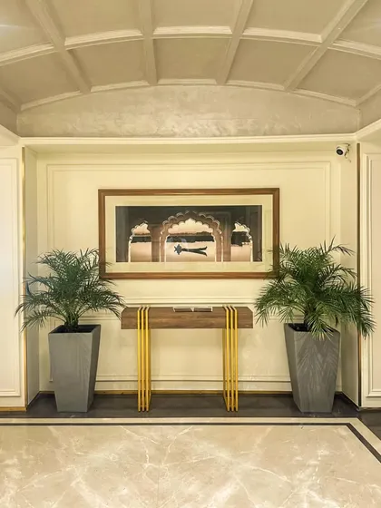 A quiet corner in the Bhopal lobby, showcasing curated local photography and a minimalist console table. These thoughtful details add layers to the design and connect the space to its location.