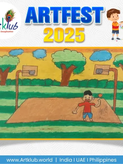 A junior artist's drawing of a basketball game on an outdoor court, surrounded by trees.