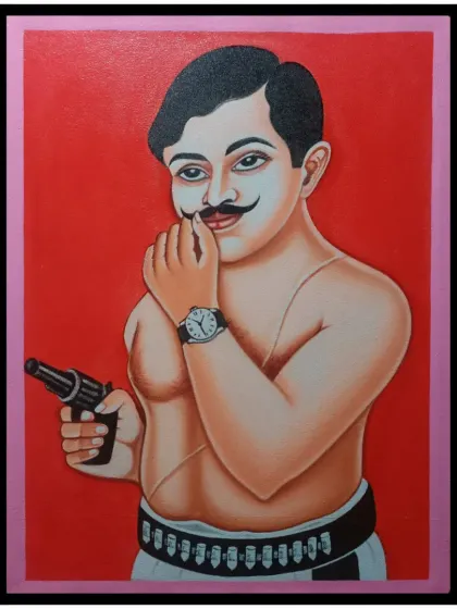 Another portrait of Chandra Shekhar Azad, this time against a solid red background, giving the painting a powerful and revolutionary feel.
