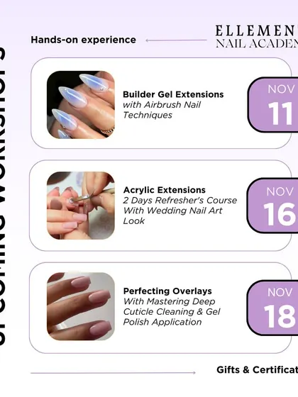 Our November workshop schedule includes Builder Gel Extensions, a 2-day Acrylics course, and a session on perfecting overlays with deep cuticle cleaning.