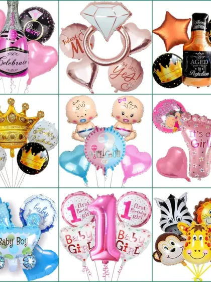 A catalogue of themed foil balloon sets for various occasions like birthdays, anniversaries, and baby showers.