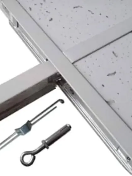 These images provide a technical look at a suspended grid ceiling system. They show the T-grid channels, hooks, clips, and fiber boards used to create a neat and functional false ceiling.