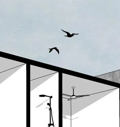 A close-up on the minimalist interior of the residential bathroom in the 'Project 83' sectional drawing.