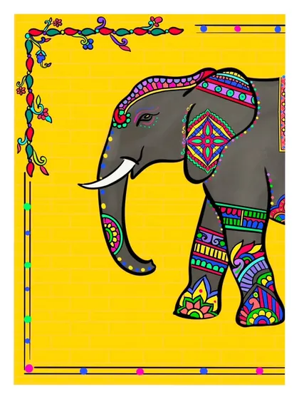 A vertical composition of the decorated elephant, framed by a floral vine border.