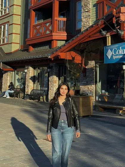 Walking through the charming pedestrian village of Blue Mountain on a sunny day.