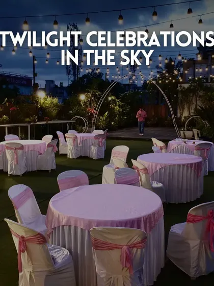 Twilight celebrations in the sky. Our Terrace Garden set up for an evening dinner with pink-themed table decor under a starry sky.