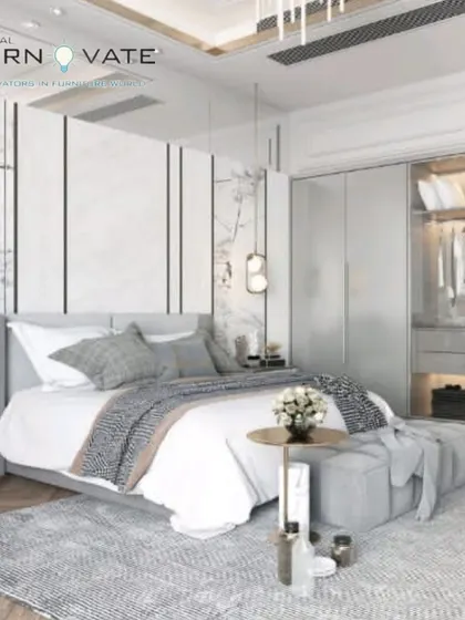A sophisticated grey and white bedroom concept. This render features a bed with an extended headboard, a glass-door wardrobe, and elegant decor, creating a hotel-like feel.